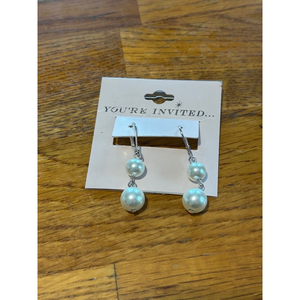 You're Invited Silver Tone Double Faux Pearl Drop Leverback Earrings